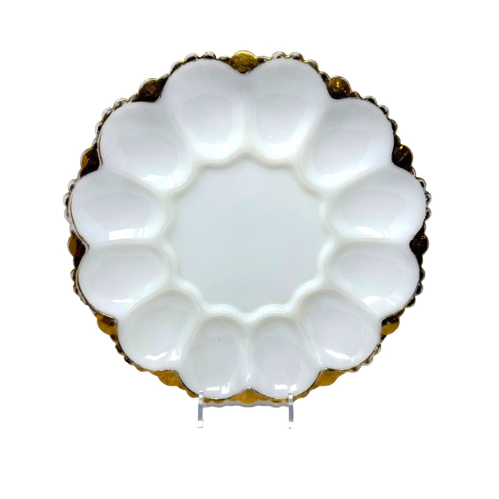 Vintage Milk Glass Deviled Egg Plate Gold Trim Scalloped White